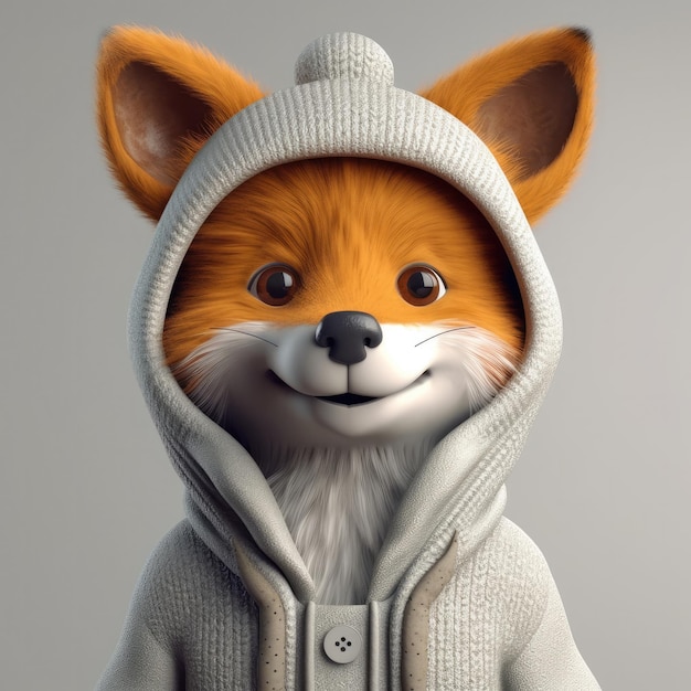 3D cartoon Fox portrait wearing clothes glasses hat and jacket standing in front