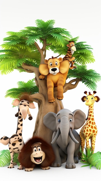 3D Cartoon funny wild animals near the tree