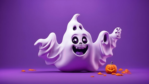 3d cartoon ghost happy halloween for banner or posters violet background