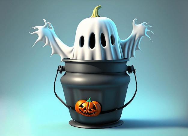 3d cartoon ghost with pumpkin bucket