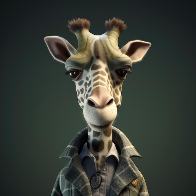 3D cartoon Giraffie portret dragen kleding bril hoed jas staande vooraan