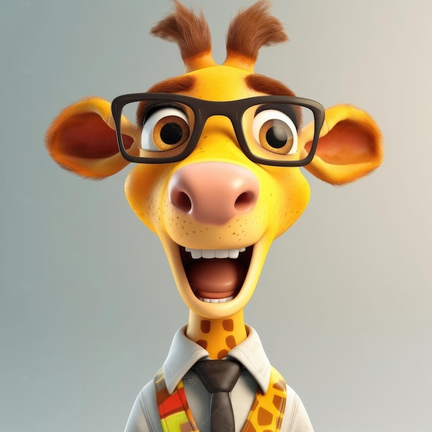 3D cartoon Giraffie portret dragen kleding bril hoed jas staande vooraan