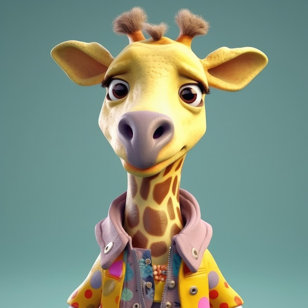 3D cartoon Giraffie portret dragen kleding bril hoed jas staande vooraan