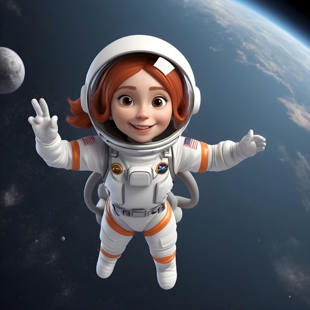 写真 宇宙飛行士の服を着て宇宙に浮かぶ 3d漫画の女の子 地球を夢見る女の子