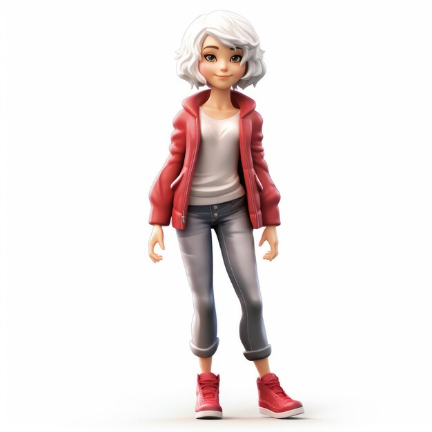 Photo 3d cartoon girl figurine in red jacket and jeans