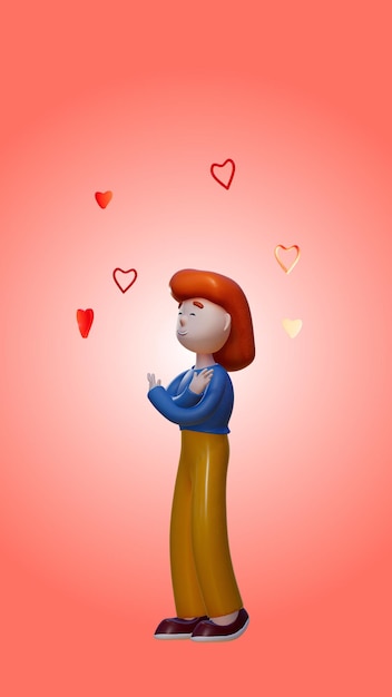 3d cartoon girl hugging herself