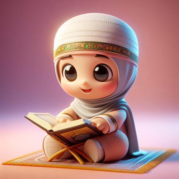 Photo 3d cartoon girl in islamic garb enjoys quran reading