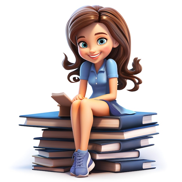 Foto ragazza di cartoni animati 3d seduta sulla pila di libri isolata su bianco