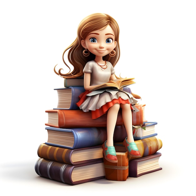 3d cartoon girl sitting on the stack of book isolated on white