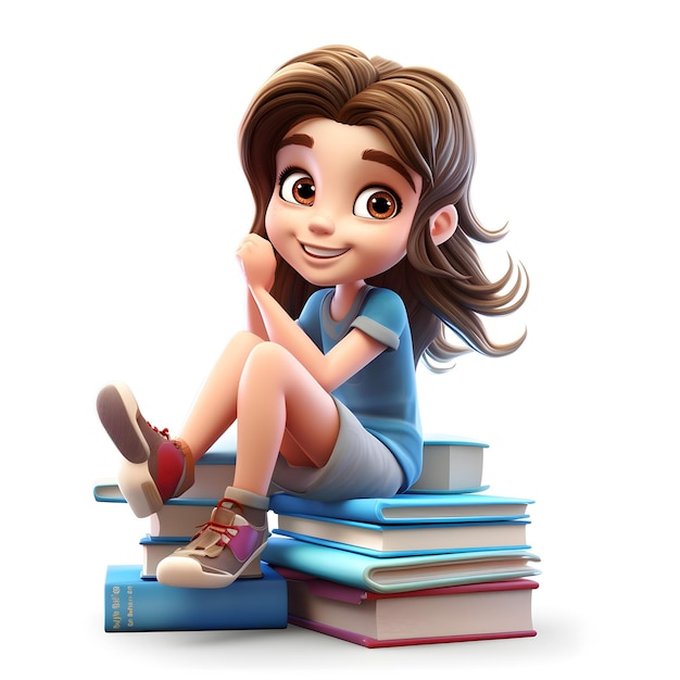 3d cartoon girl sitting on the stack of book isolated on white