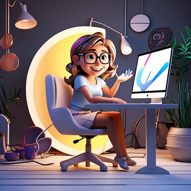 Photo a 3d cartoon girl using laptop