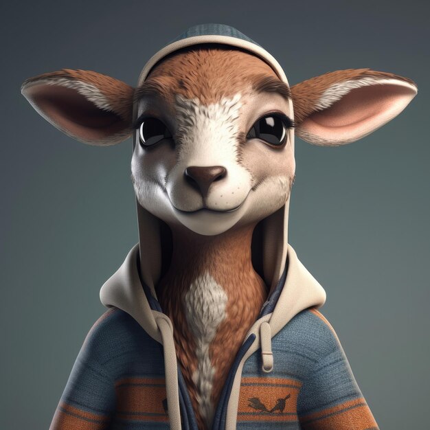 3D cartoon Goat Gazelle portrait wearing clothes glasses hat and jacket standing in front