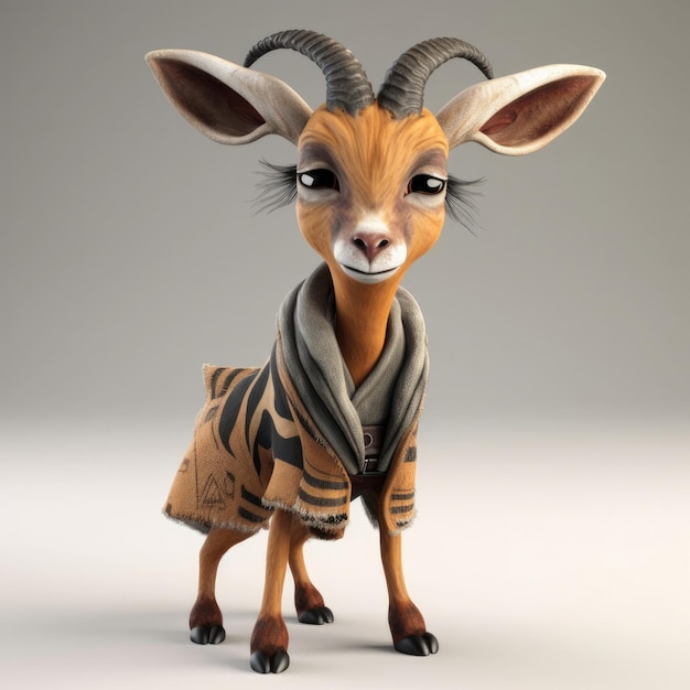 3D cartoon Goat Gazelle portret met kleren, bril, hoed en jas vooraan