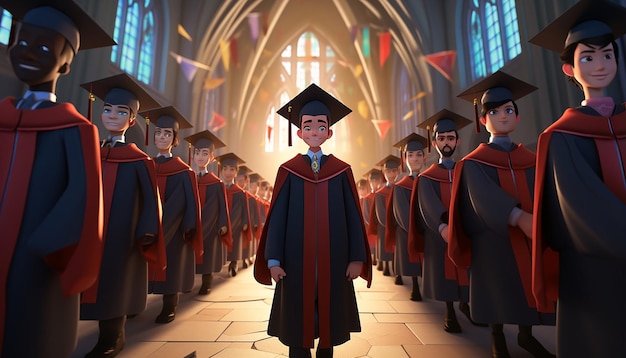 3D or cartoon graduates in robes stride confidently towards a hightech future symbolizing readines