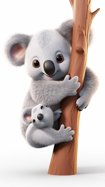 Foto 3d cartoon grappige baby koala op de rug van de moeder