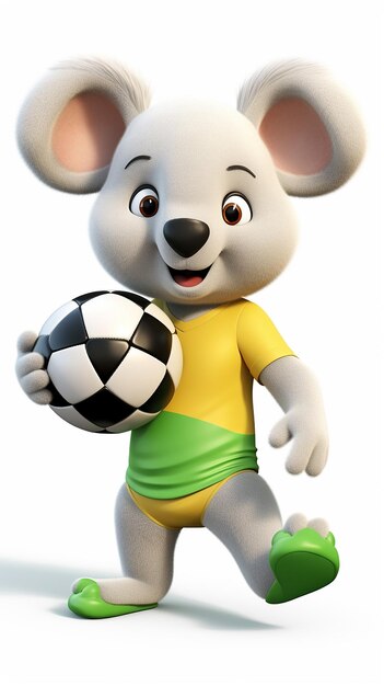 3D cartoon grappige koala die voetbal speelt op een witte achtergrond