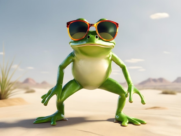 Photo 3d cartoon a green frog with sunglasses on in the desert white background