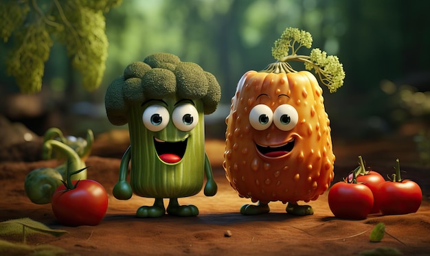 3D cartoon groenten die met elkaar praten Selectieve zachte focus