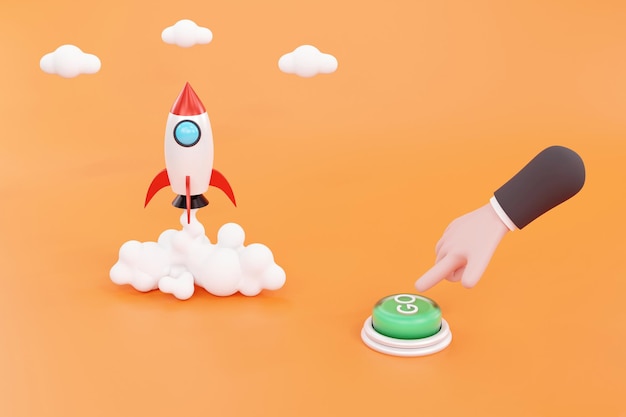 3D Cartoon hand drukt op de knop en lanceert een raket of ruimtevaartuig het concept van een startupxA