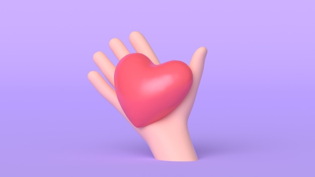 3D Cartoon Hand Holding Heart isolated on Purple Background, Hand with Red Heart Mockup. 3D Render illustration. Love Concept.