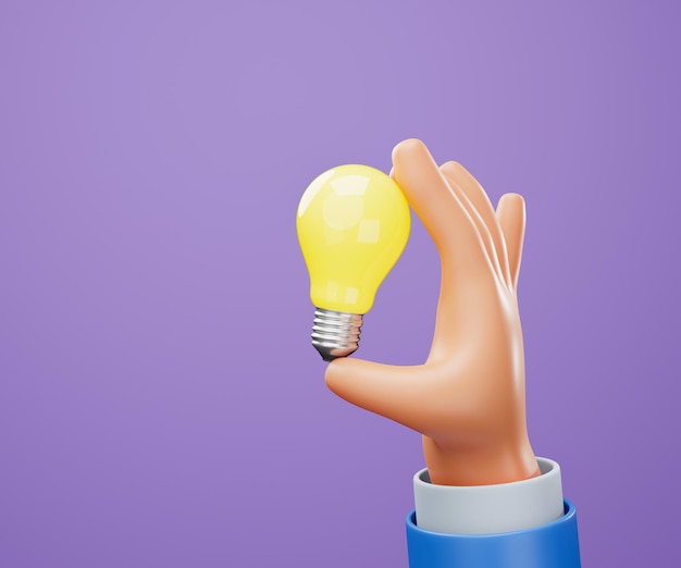 3D Cartoon hand holding lightbulb on purple background. good idea and business success creative conc