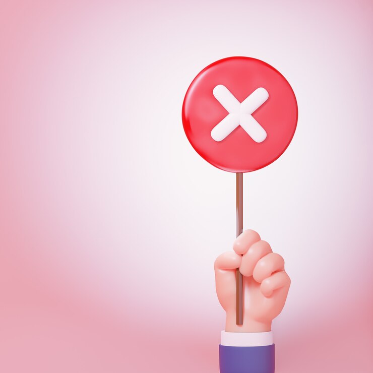 Photo 3d cartoon hand holding red circle with cross mark. 3d illustration rendering.