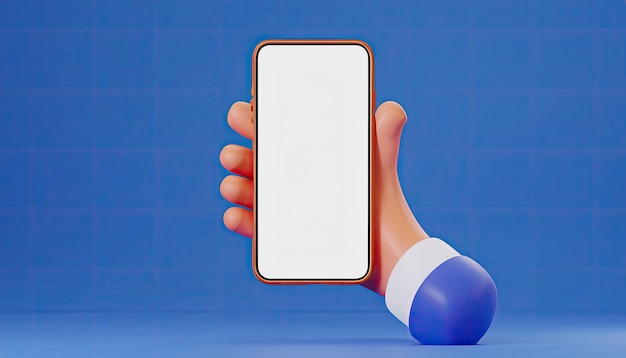 3d cartoon hand holding smartphone isolated on background hand using mobile phone mockup 3d render