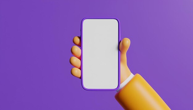 3d cartoon hand holding smartphone isolated on purple background hand using mobile phone mockup 3d