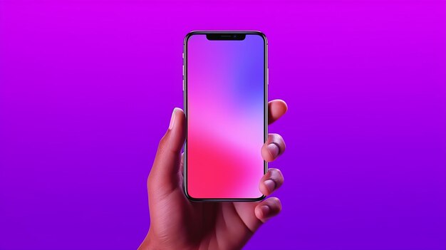 3d cartoon hand holding smartphone isolated on purple background made by generative AI