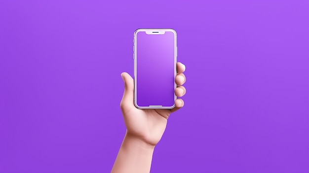 3d мультяшный рука, держащая смартфон на фиолетовом фоне, сделанный генеративным ИИ