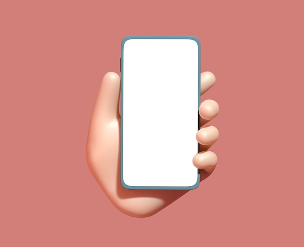 Photo 3d cartoon hand holding smartphone isolated on red background mobile phone mockup 3d render