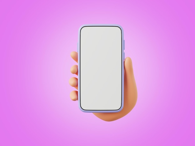 3D cartoon hand holding smartphone on pink background 3D render illustration