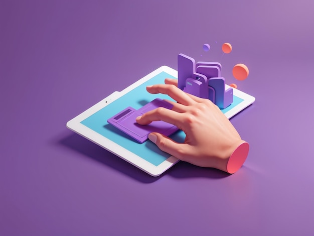 3d cartoon hand holding tablet on purple background