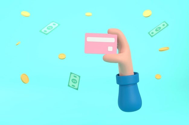 3D Cartoon Hand met creditcards en munten bankbiljet backgroundxA