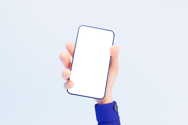 3D Cartoon hand met smartphone mockup leeg scherm geïsoleerd op blauwe achtergrond Hand met mobiele telefoon mockup 3d render illustratie