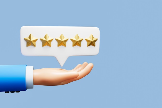 3D мультяшная рука Положительный рейтинг клиента вручает звезду обзора значок обратной связи бизнес-услуг. 3д иллю