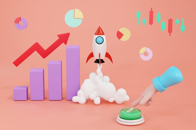 3d cartoon hand presses the button and launches a rocket or spacecraft the concept of a startupxa