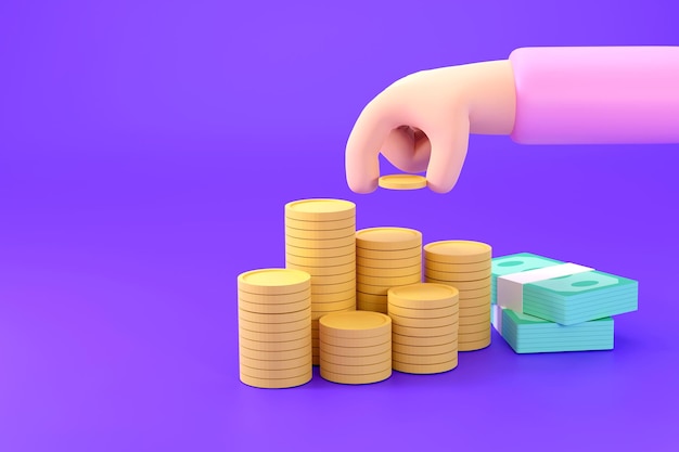 Фото 3d мультфильм рука положить монету на деньги лестница зарабатывать деньги для бизнеса и финансовой концепции