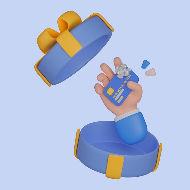 3d Cartoon hand using credit card to payment on e commerce application for shopping online 3D rendering illustration