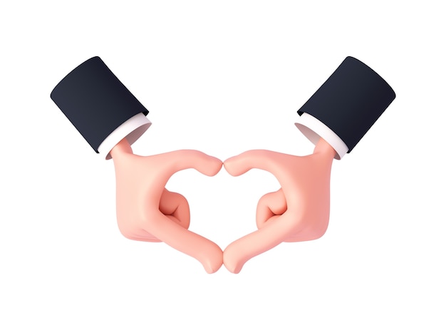 3d  cartoon hands with sleeves make a heart gesture with the back of the palms of clenched fingers