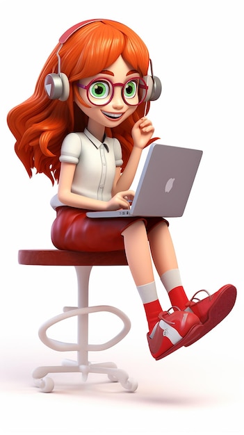 3Dアニメ 白い背景に座っている幸せな可愛い可愛い潮流の女の子
