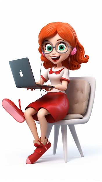 Photo 3d cartoon happy cute adorable trendy girl sitting on white background