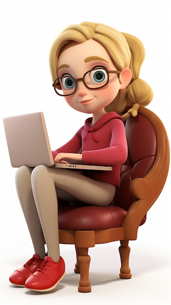 3D cartoon Happy cute adorable trendy girl sitting on white background