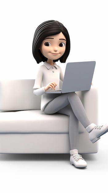 3D cartoon Happy cute adorable trendy girl sitting on white background