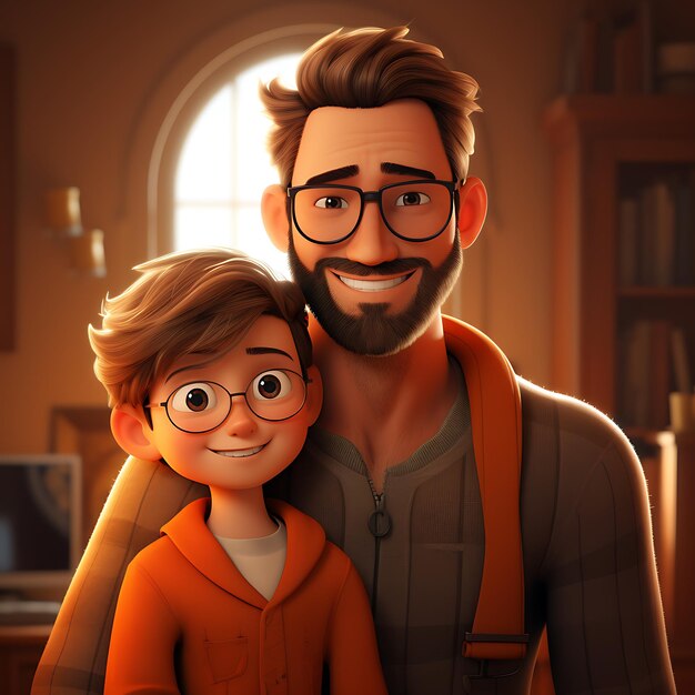 3D cartoon happy father holding his son