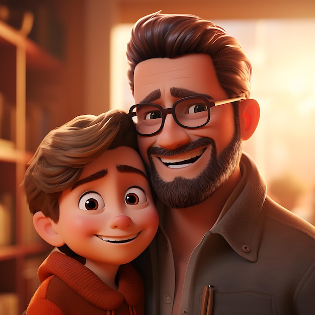 3D cartoon happy father holding his son