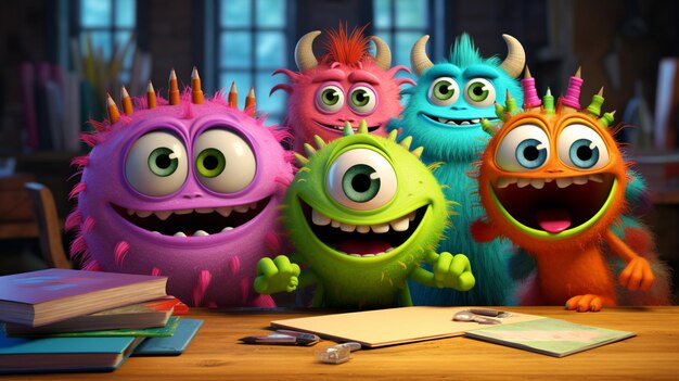 3d cartoon happy monsters big eyes studying in school bright colours