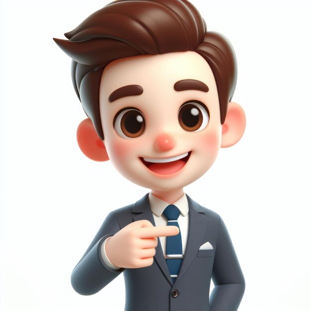 Foto cartone animato 3d personaggio sorridente felice uomo che mostra il dito puntante in piedi sicuro su sfondo bianco