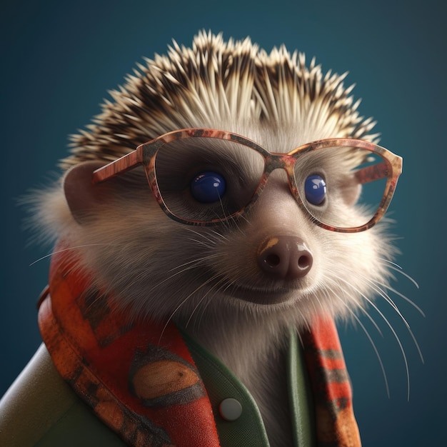 3D cartoon Hedgehog-portret met kleren, bril, hoed en jas die vooraan staat