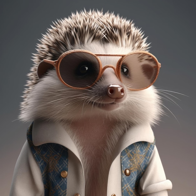 3D cartoon Hedgehog-portret met kleren, bril, hoed en jas die vooraan staat